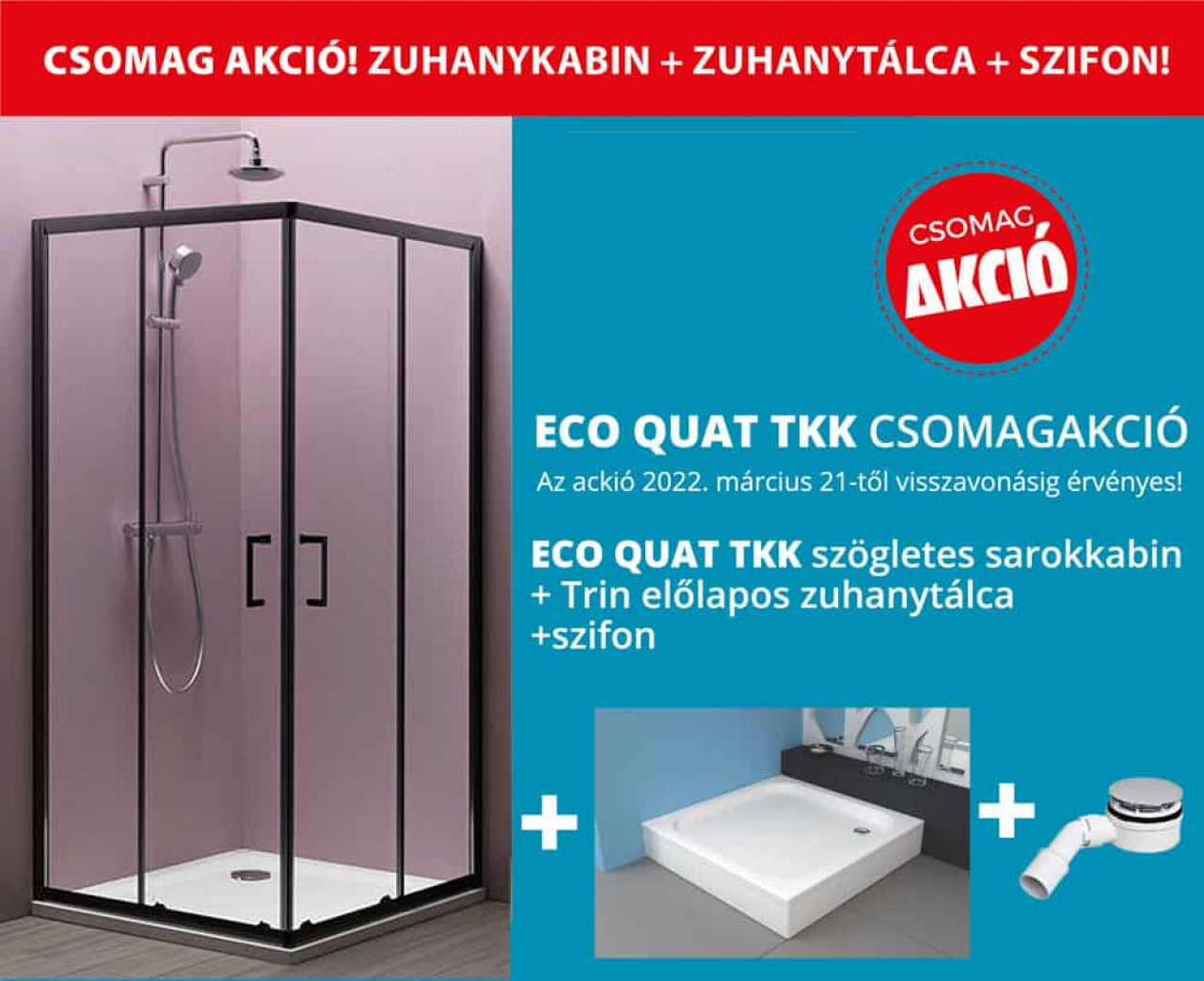 Eco Quat TKK szögletes zuhanykabin fekete profillal 80-as akciós csomagajánlat