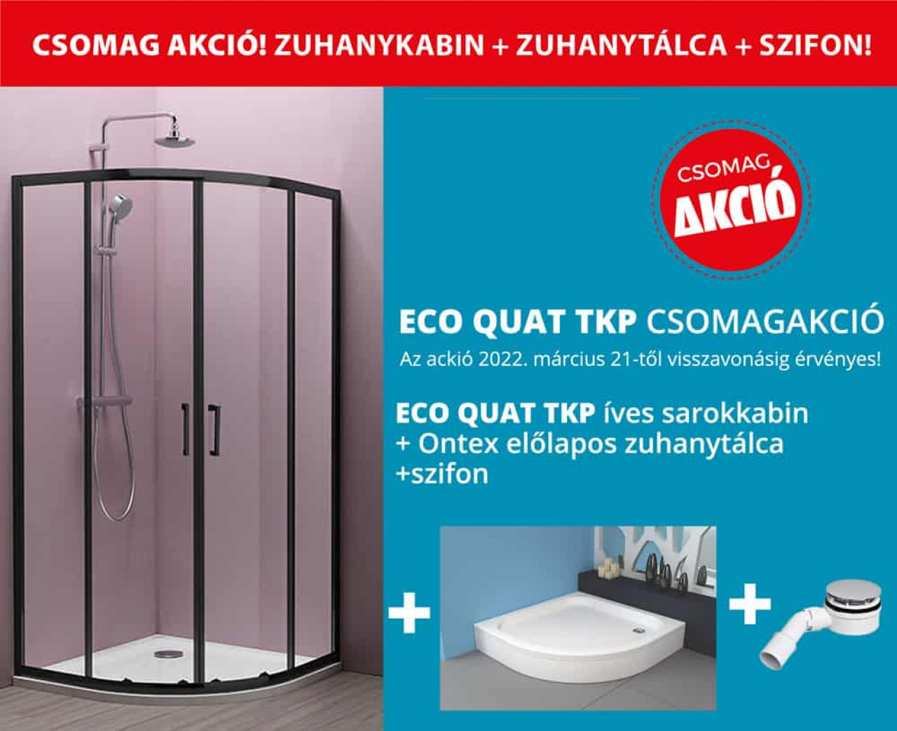 Eco Quat TKP negyedköríves zuhanykabin fekete profillal akciós csomagajánlat