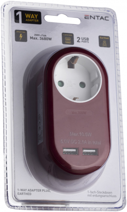 Entac Hálózati Adapter 1 Földelt Aljzat és USB Burgundi vörös (EPAG-1EE-2USB-BR)