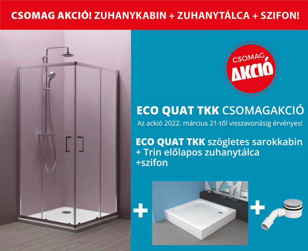Eco Quat TKK szögletes zuhanykabin ezüst profillal akciós csomagajánlat