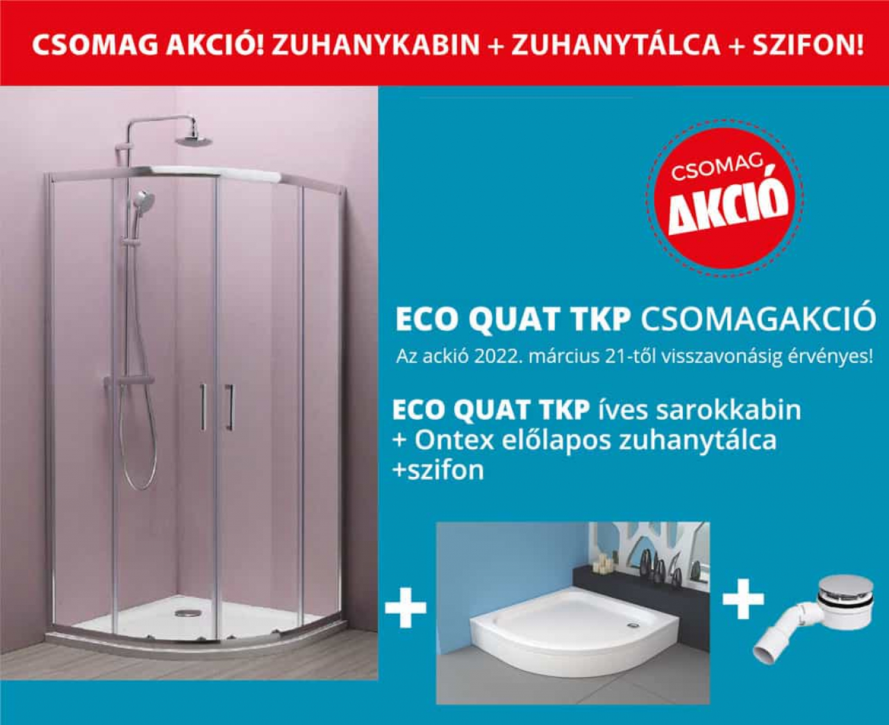 Eco Quat TKP negyedköríves zuhanykabin ezüst profillal akciós csomagajánlat