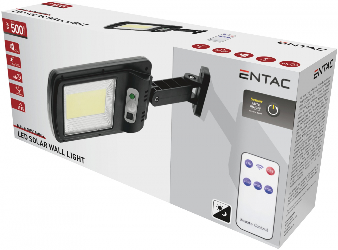 Entac Napelemes Fali lámpa 5W COB mozgásérzékelővel és IR távirányítóval (ESLP-COB-R)
