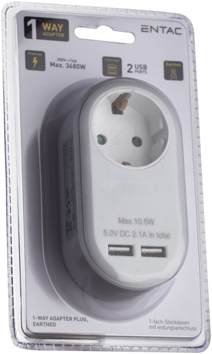 Entac Hálózati Adapter 1 Földelt Aljzat és USB Fehér (EPAG-1EE-2USB-W)