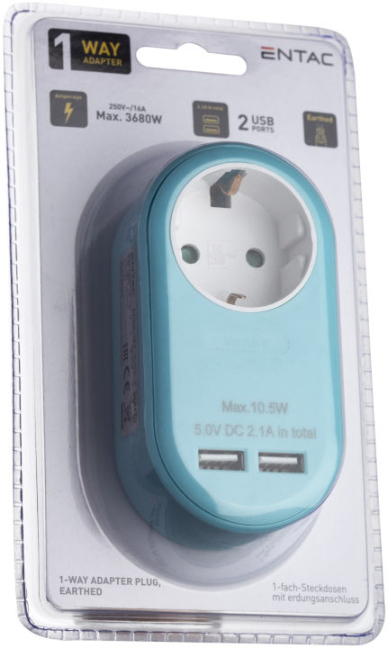 Entac Hálózati Adapter 1 Földelt Aljzat és USB Kék (EPAG-1EE-2USB-B)